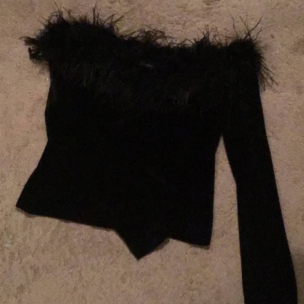 Black velvet off shoulder feathered top